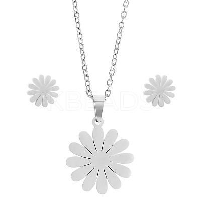 316 Surgical Stainless Steel Daisy Stud Earrings and Pendant Necklace JX376A-1