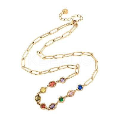 304 Stainless Steel Colorful Cubic Zirconia Flat Round Oval Link Chain Necklaces for Women LS-NJEW-A051-06G-1