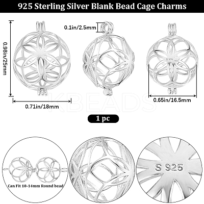 Anti-Tarnish 1Pc Rhodium Plated 925 Sterling Silver Empty Bead Cage Pendants STER-BBC0005-71P-1