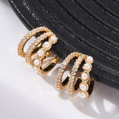 Triple C-Shaped Brass Micro Pave Clear Cubic Zirconia Cuff Earrings EJEW-Z127-09G-1