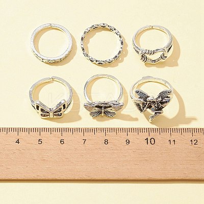 6Pcs 6 Style Butterfly & Heart & Chain Shape Alloy Stackable Rings Set RJEW-FS0001-05A-1