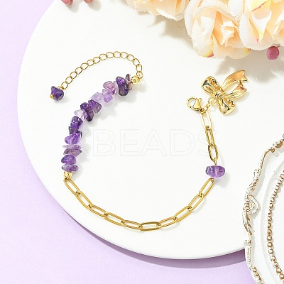 Natural Mixed Stone Chip Beads 304 Stainless Steel Paperclip Chain Bracelets with Alloy Bowknot Charms BJEW-JB14187-1