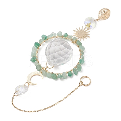 Glass Teardrop with Natural Green Aventurine Chip Bead Hanging Suncatchers HJEW-JM04792-1