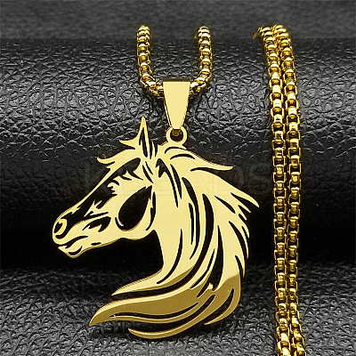 Horse Head 201 Stainless Steel Pendant Necklaces for Men Women LS-NJEW-K283-14G-1