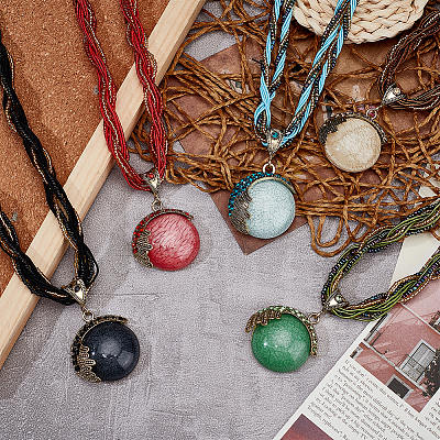 5Pcs 5 Style Resin Imitation Cat Eye Flat Round Pendant Necklaces Set NJEW-AN0001-12-1