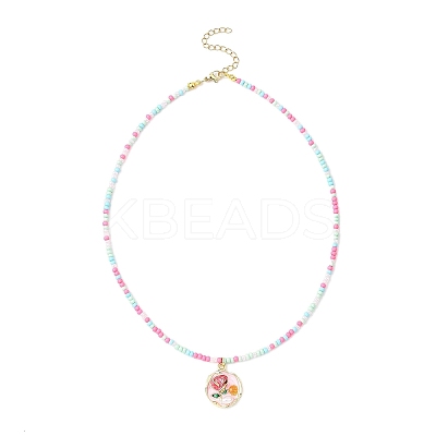 Flower Alloy Enamel Pendant Glass Seed Beaded Necklaces for Women NJEW-JN05550-02-1
