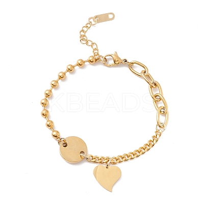 PVD Vacuum Plating Flat Round and Heart Charm Bracelet with 304 Stainless Steel Chains for Women STAS-P304-11G-1