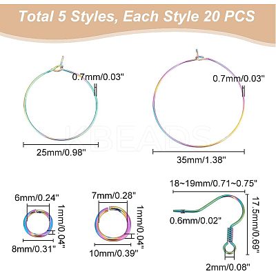 40Pcs 2 Style Ion Plating(IP) Rainbow Color 304 Stainless Steel Hoop Earrings Findings STAS-UN0039-05-1
