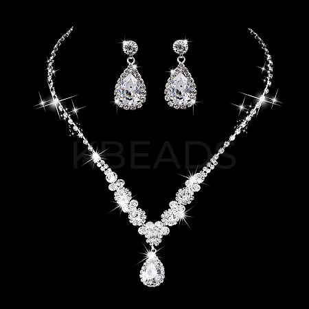 Teardrop & Flower Alloy Crystal Rhinestone Pendant Necklace & Stud Dangle Earrings Sets FS-WGA0F52-02-1