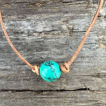 Synthetic Turquoise Round Ball Pendant Genuine Leather Handmade Necklace Simple Elegant Jewelry IU3089-3-1