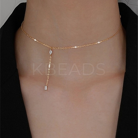 925 Sterling Silver Pave Clear Cubic Zirconia Teardrop with Rectangle Tassel Y Necklaces for Women FS-WGE0FA3-02-1