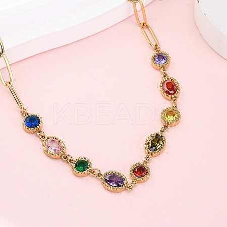 304 Stainless Steel Colorful Cubic Zirconia Flat Round Oval Link Chain Necklaces for Women LS-NJEW-A051-06G-1