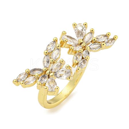 Rack Plated Brass Micro Pave Clear Cubic Zirconia Butterfly Open Cuff Rings for Women RJEW-Z042-01G-1