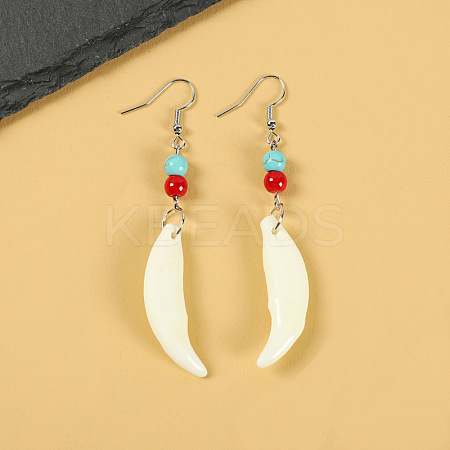 Natural Gemstone Wolf Tooth Shape Dangle Earrings with Real Tibetan Mastiff Dog Tooth FX9729-7-1