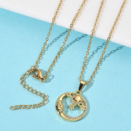 Brass Micro Pave Clear Cubic Zirconia Moon and Sun Pendant 304 Stainless Steel Chain Necklaces for Women NJEW-D341-05G-1