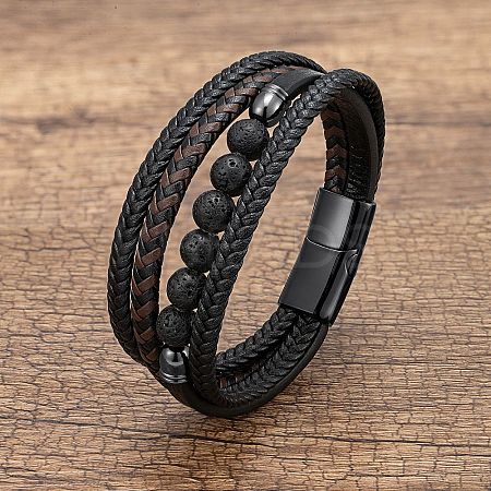 Natural Lava Rock Round Beads & Braided Imitation Leather Cord Bracelets for Men FS-WGCE7B3-02-1