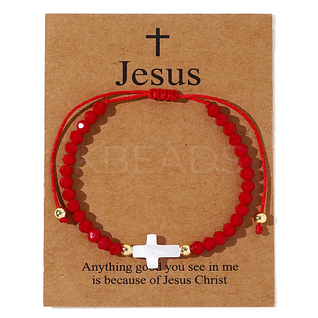 Adjustable Sea Shell Cross & Faceted Rondelle Glass Braided Bead Bracelets for Women AZ6679-1-1