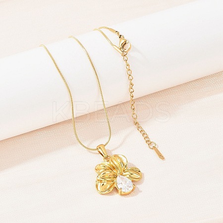 304 Stainless Steel Pave Clear Cubic Zirconia Flower Pendant Necklaces NJEW-H088-04G-1