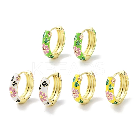Real 18K Gold Plated Brass Enamel Flower Print Hoop Earrings for Women EJEW-L269-117G-1