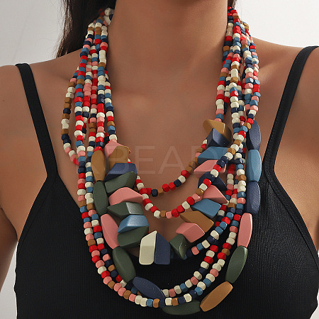Bohemian Style Wood Geometric Beaded Multilayer Necklaces for Women WG33684-02-1