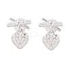 Heart with Bowknot 925 Sterling Silver Micro Pave Clear Cubic Zirconia Dangle Stud Earrings EJEW-C176-03P-3