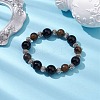 12mm Round Natural Black Onyx(Dyed & Heated) & 10mm Round Natural Tiger Eye & Alloy Beaded Stretch Bracelets for Women BJEW-JB10559-2