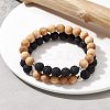 Natural Lava Rock & Wooden Round Beaded Stretch Bracelet BJEW-JB10075-02-2