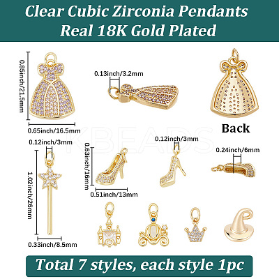 7Pcs 7 Styles Brass Micro Pave Cubic Zirconia Pendants KK-SC0008-07-1