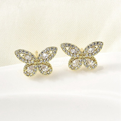 Brass Clear Cubic Zirconia Butterfly Stud Earrings EJEW-L261-029B-G-1
