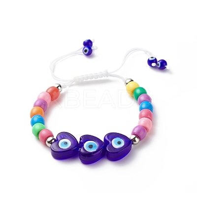 Lampwork Heart with Evil Eye Braided Bead Bracelet BJEW-JB08626-1