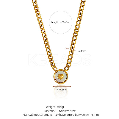 304 Stainless Steel & Natural White Shell Coin Pendant Curb Chain Necklaces for Women WG4C473-03-1