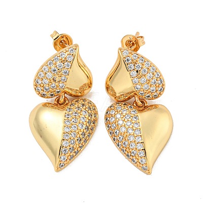 Heart Brass Pave Clear Cubic Zirconia Stud Earrings EJEW-M258-81G-1