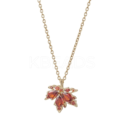 Brass Pave Cubic Zirconia Maple Leaf Pendant 304 Stainless Steel Cable Chain Necklaces for Women NJEW-JN05901-01-1