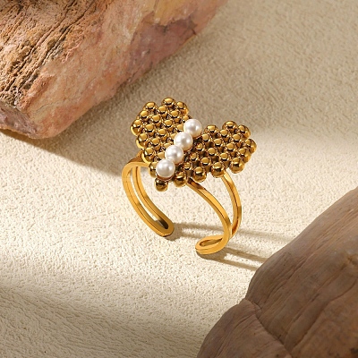304 Stainless Steel Plastic Pearl Open Cuff Ring for Women LS-RJEW-Z088-04G-1