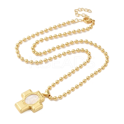 Real 18K Gold Plated Brass Pave Shell Ball Chain Locket Pendant Necklaces for Women LS-NJEW-K381-02D-G-1