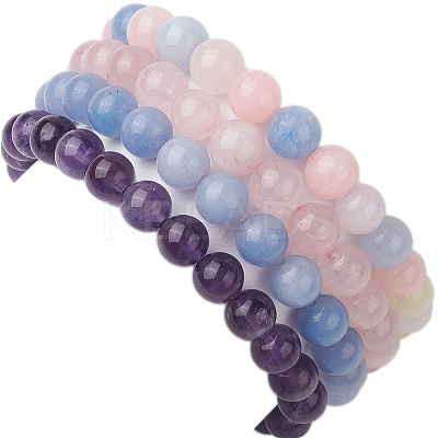 4Pcs Constellation 8mm Round Natural Amethyst & Rose Quartz & White Jade Imitation Aquamarine & White Jade Imitation Morganite Beaded Stretch Bracelets for Women BJEW-JB10633-1