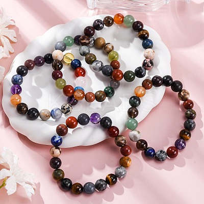 Natural & Synthetic Mixed Gemstone Beaded Stretch Bracelets for Women Men BJEW-F490-01B-1