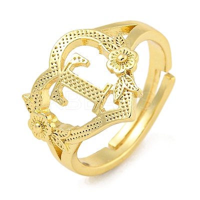 Heart with Letter & Flower Rack Plating Brass Adjustable Rings for Women RJEW-I105-05G-T-1