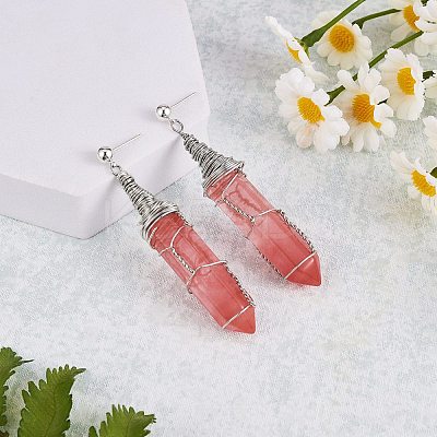 Cherry Quartz Glass Double Point Bullet Dangle Stud Earrings EJEW-PH01406-01-1