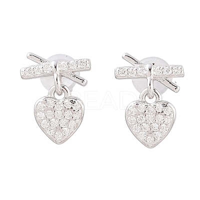 Heart with Bowknot 925 Sterling Silver Micro Pave Clear Cubic Zirconia Dangle Stud Earrings EJEW-C176-03P-1
