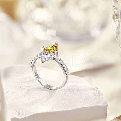 Rhombus Rhodium Plated 925 Sterling Silver Micro Pave Cubic Zirconia Finger Rings for Women RJEW-F168-02P-1