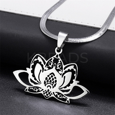201 Stainless Steel Chakra Lotus Flower Hollow Pendant Necklaces NJEW-K283-29P-1