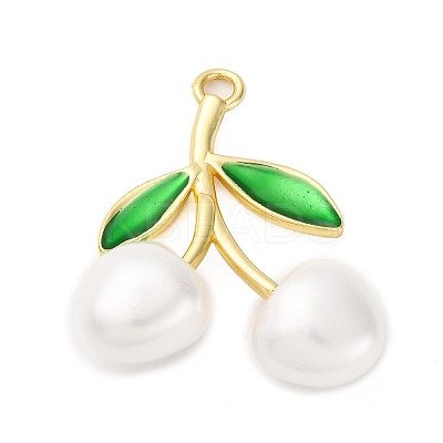 Brass Green Enamel & Plastic Cherry Pendants KK-I276-17G-1