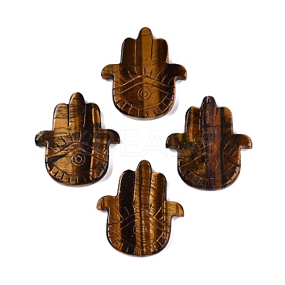 Natural Tiger Eye Hamsa Hand with Eye Figurines DJEW-N003-04D-1