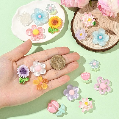 11Pcs 11 Styles Opaque & Transparnt Resin Flowers Cabochons RESI-YW0005-41-1
