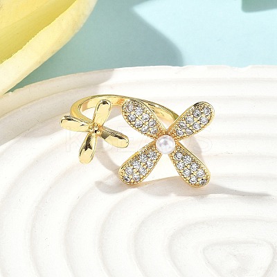 Brass Micro Pave Cubic Zirconia ABS Imitation Pearl Cuff Rings RJEW-D307-02G-A-1