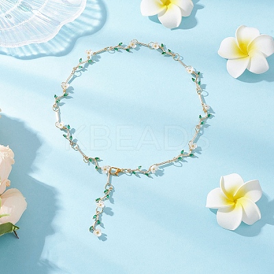 Brass Micro Pave Green Cubic Zirconia & Imitation Pearl Flower Branch Link Chain Necklaces for Women NJEW-JN05309-1