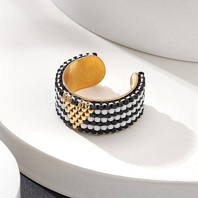 Glass Seed Beaded Heart Open Cuff Rings RJEW-MZ00009-1