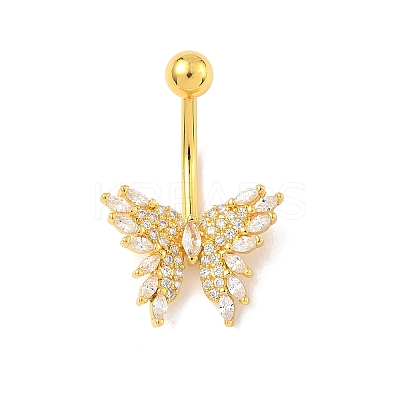Brass Pave Clear Cubic Zirconia Curved Barbell Butterfly Belly Rings AJEW-L099-01A-G-1