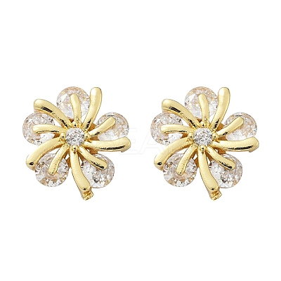 Flower Brass Micro Pave Clear Cubic Zirconia Stud Earrings EJEW-U064-03B-G-1